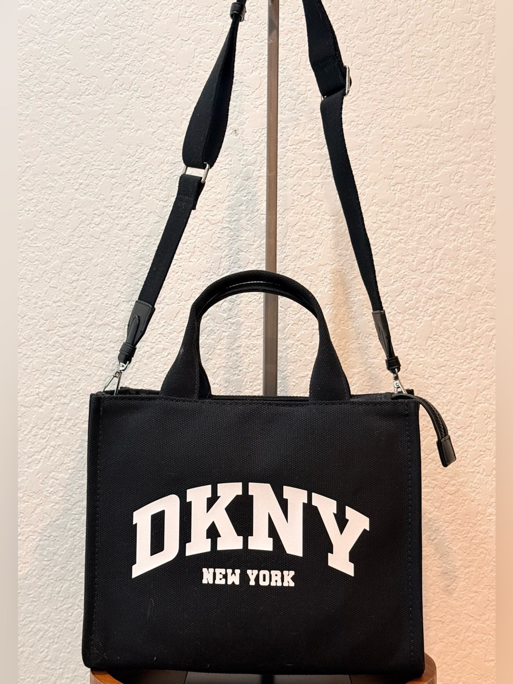 Dkny Black Canvas Messenger Tote with White Logo